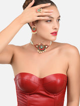 Women's Green & Pink Kundan Multistrand Choker Necklace Earring & Ring Set-ZPFK11441