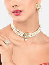 Women's Gold Tone Multistrand Pearls Choker Necklace Earring & Ring Set-ZPFK11456