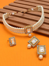 Women's Gold Tone Multistrand Pearls Choker Necklace Earring & Ring Set-ZPFK11456