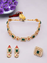 Women's Green and Pink Stones Ethnic Collar Bone Necklace Earring and Ring Set