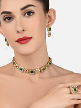 Women's Green and Pink Stones Ethnic Collar Bone Necklace Earring and Ring Set