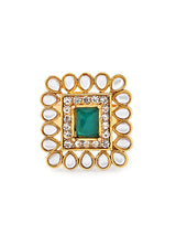 Women's Green and Pink Stones Ethnic Collar Bone Necklace Earring and Ring Set