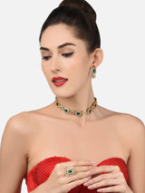 Women's Green and Pink Stones Ethnic Collar Bone Necklace Earring and Ring Set