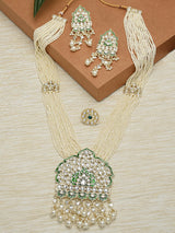 Women's Green Meenakari Long Multi Strand Bridal Necklace Earring & Ring Set-ZPFK12126