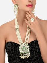 Women's Green Meenakari Long Multi Strand Bridal Necklace Earring & Ring Set-ZPFK12126