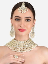 Women's Gold Tone Bridal Kundan Choker Necklace Earring Maangtikka & Ring Set-ZPFK12217