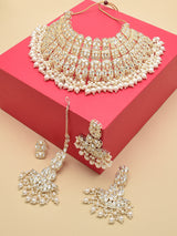 Women's Gold Tone Bridal Kundan Choker Necklace Earring Maangtikka & Ring Set-ZPFK12217