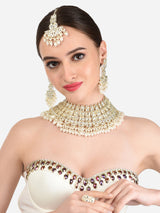 Women's Gold Tone Bridal Kundan Choker Necklace Earring Maangtikka & Ring Set-ZPFK12217