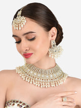 Women's Gold Tone Bridal Kundan Choker Necklace Earring Maangtikka & Ring Set-ZPFK12218
