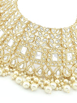 Women's Gold Tone Bridal Kundan Choker Necklace Earring Maangtikka & Ring Set-ZPFK12218