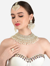 Women's Gold Tone Bridal Kundan Choker Necklace Earring Maangtikka & Ring Set-ZPFK12218