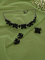 Women's Black Dazzling Stones Embellished Contemporary Necklace Earring and Ring Set