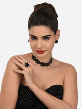 Women's Black Dazzling Stones Embellished Contemporary Necklace Earring and Ring Set