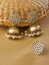 Women's Antique Gold Tone Traditional Kundan Jhumki Earring and Ring Set