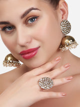 Women's Antique Gold Tone Traditional Kundan Jhumki Earring and Ring Set