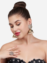 Women's Antique Gold Tone Traditional Kundan Jhumki Earring and Ring Set