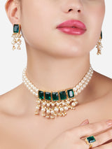 Women's Green Stones Multistrand Pearls Cluster Choker Necklace Earring & Ring Set-ZPFK13199