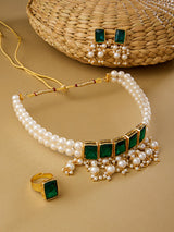 Women's Green Stones Multistrand Pearls Cluster Choker Necklace Earring & Ring Set-ZPFK13199