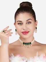 Women's Green Stones Multistrand Pearls Cluster Choker Necklace Earring & Ring Set-ZPFK13199