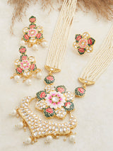 Women's Multicolor Meenakari Lotus Design Multistrand Pearls Long Necklace Earring and Ring Set