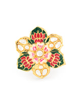 Women's Multicolor Meenakari Lotus Design Multistrand Pearls Long Necklace Earring and Ring Set