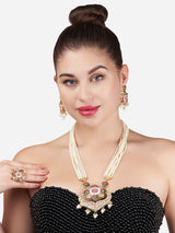 Women's Multicolor Meenakari Lotus Design Multistrand Pearls Long Necklace Earring and Ring Set
