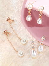 Women's Combo of 3 Rose Gold Contemporary Pearl Drop Earrings-ZPFK13470