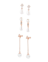 Women's Combo of 3 Rose Gold Contemporary Pearl Drop Earrings-ZPFK13470