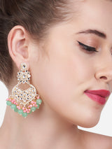 Women's Green & Pink Cluster Beads Kundan Ethnic Dangle Earring-ZPFK13547
