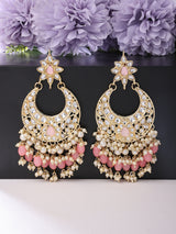 Women's Pink Cluster Beads Drop Kundan Crescent Dangle Earring-ZPFK13794