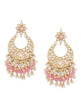Women's Pink Cluster Beads Drop Kundan Crescent Dangle Earring-ZPFK13794