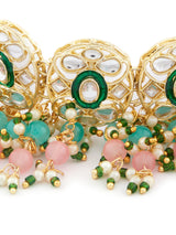 Women's Pink and Green Beads Cluster Drops Kundan Choker Necklace Earring and Ring Set
