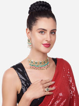 Women's Pink and Green Beads Cluster Drops Kundan Choker Necklace Earring and Ring Set