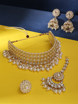 Women's Gold Tone Kundan & Pearls Choker Necklace Earring Maangtikka & Ring Set-ZPFK14416
