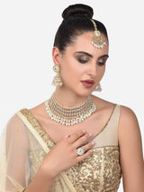 Women's Gold Tone Kundan & Pearls Choker Necklace Earring Maangtikka & Ring Set-ZPFK14416