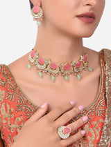 Women's Pink & Green Kundan Choker Necklace Earring & Ring Set-ZPFK14431