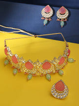 Women's Pink & Green Kundan Choker Necklace Earring & Ring Set-ZPFK14431