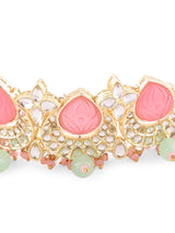 Women's Pink & Green Kundan Choker Necklace Earring & Ring Set-ZPFK14431