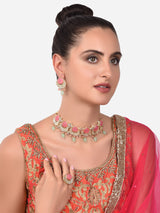 Women's Pink & Green Kundan Choker Necklace Earring & Ring Set-ZPFK14431