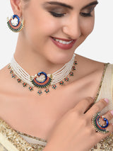 Women's Multicolor Meenakari Peacock Inspired Multistrand Pearls Choker Necklace Earring and Ring Set