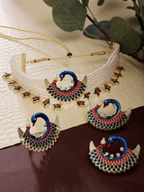 Women's Multicolor Meenakari Peacock Inspired Multistrand Pearls Choker Necklace Earring and Ring Set