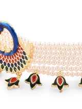 Women's Multicolor Meenakari Peacock Inspired Multistrand Pearls Choker Necklace Earring and Ring Set