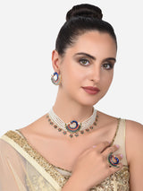 Women's Multicolor Meenakari Peacock Inspired Multistrand Pearls Choker Necklace Earring and Ring Set
