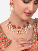 Women's Pink Flower Stones Kundan Crescent Choker Necklace Earring & Ring Set-ZPFK14442