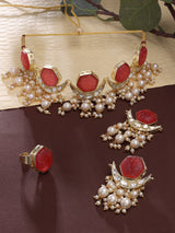Women's Pink Flower Stones Kundan Crescent Choker Necklace Earring & Ring Set-ZPFK14442