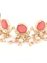 Women's Pink Flower Stones Kundan Crescent Choker Necklace Earring & Ring Set-ZPFK14442