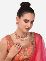 Women's Pink Flower Stones Kundan Crescent Choker Necklace Earring & Ring Set-ZPFK14442