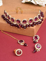 Women's Wine Color Stones and Cluster Beads Choker Necklace Earring Maangtikka with Ring Set