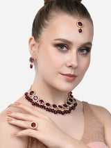 Women's Wine Color Stones and Cluster Beads Choker Necklace Earring Maangtikka with Ring Set