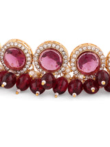Women's Wine Color Stones and Cluster Beads Choker Necklace Earring Maangtikka with Ring Set